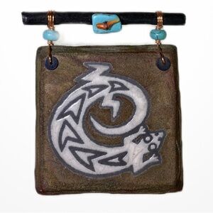 DREAMCATCHER TILE SIGNED J. DILLER CERAMIC KILN FIRED RAKU LIZARD TURQUOISE GIFT